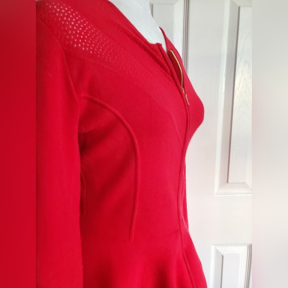 Escada Double Gold Zip Front Peplum Perforated Bodice Chevron Knit Sweater - Picture 5 of 15